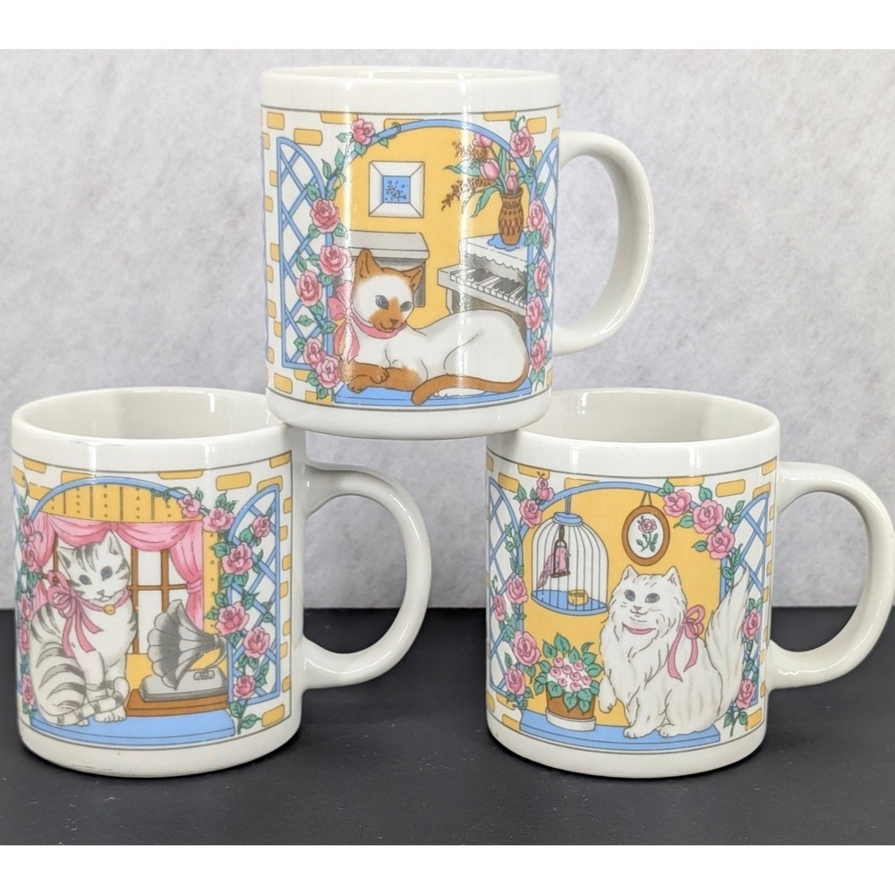 3‎ Vintage 80s Cat Mugs Multicolor Pastel Illustrated 10oz Ceramic Kawaii Decor